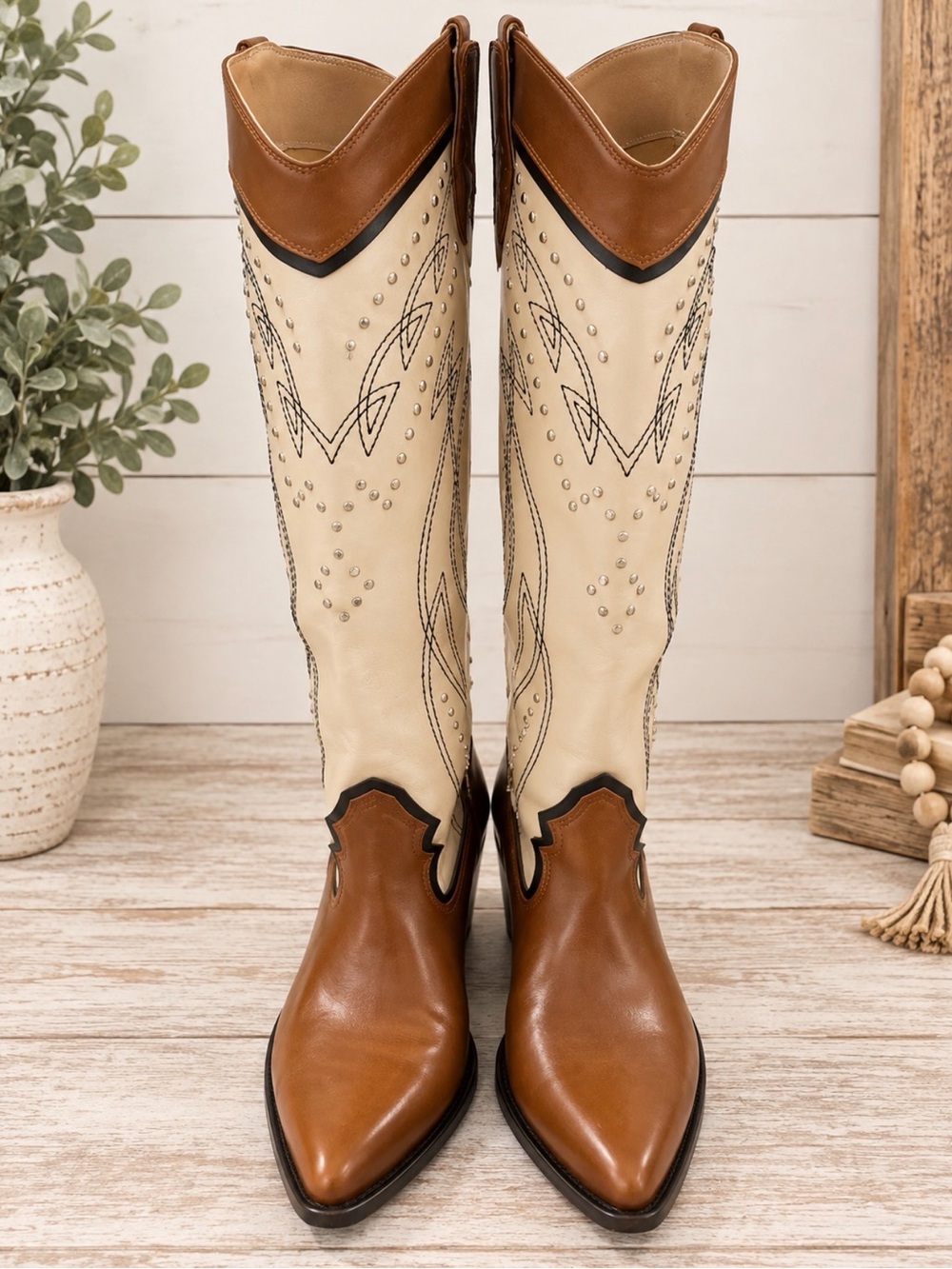 Women’s Two-Tone Tan and Cream Western Knee-High Boots